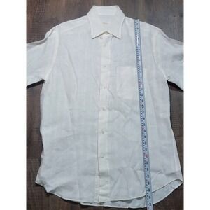 Brioni Mens Short Sleeve Button Up Shirt Off White Cotton Stripe Italy Size III